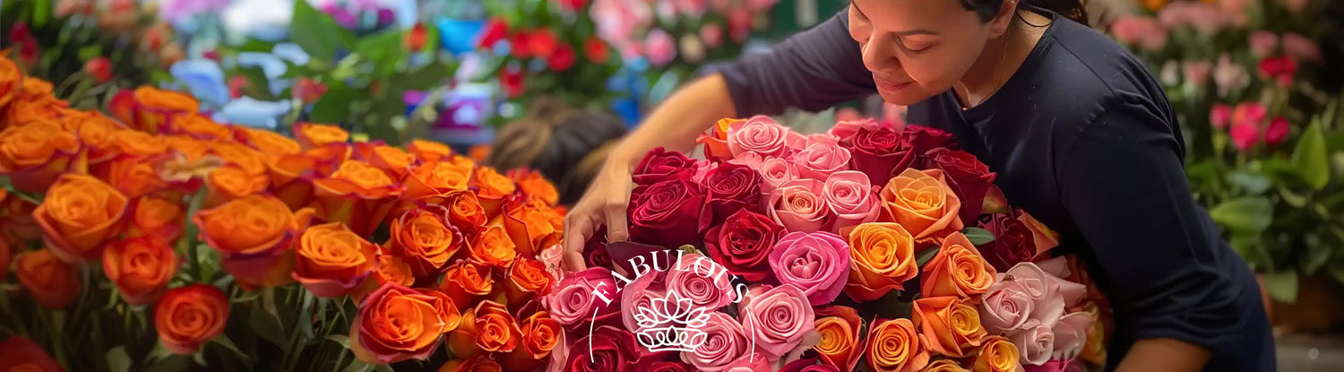 A florist with Bunches for Africa in the Western Cape, meticulously arranging a vibrant display of roses. Experience fresh flowers and expert care at Fabulous Flowers and Gifts.
