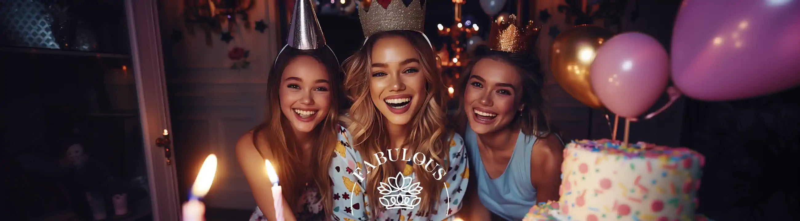 Three cheerful young women wearing party hats and smiling while celebrating a birthday together with candles and a cake, from Fabulous Flowers and Gifts.