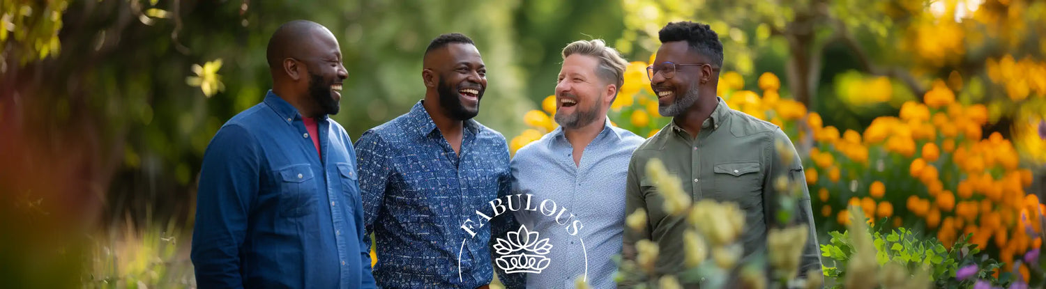 Four smiling men enjoying a sunny day in a garden full of vibrant flowers, representing unique Father's Day gifts. Fabulous Flowers and Gifts. Unique Father's Day Gifts.