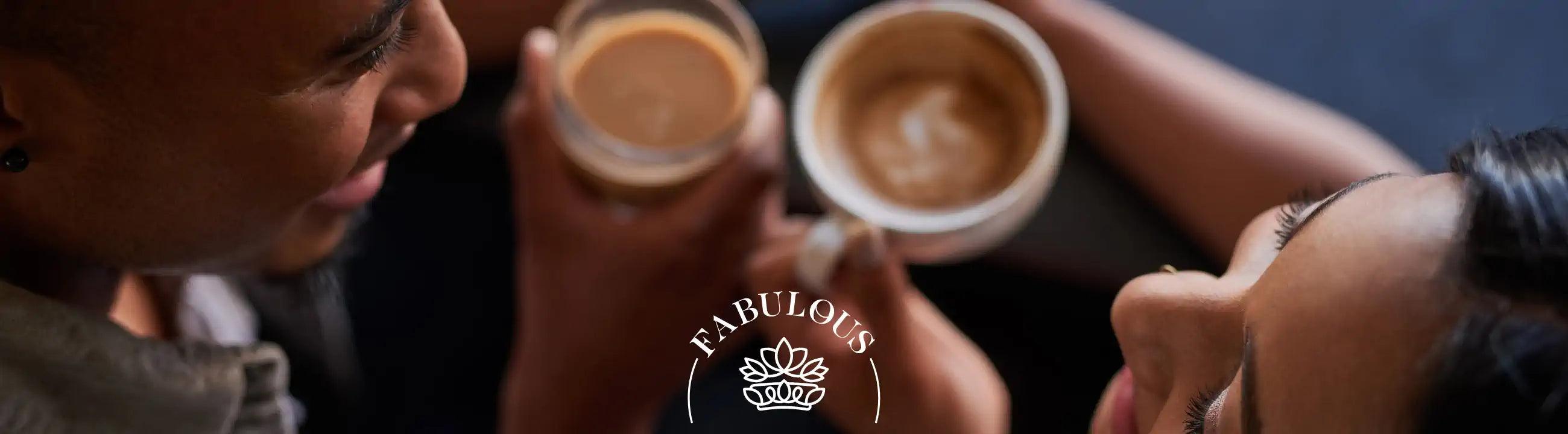 A close-up of a smiling couple enjoying coffee together, creating a warm and intimate atmosphere.