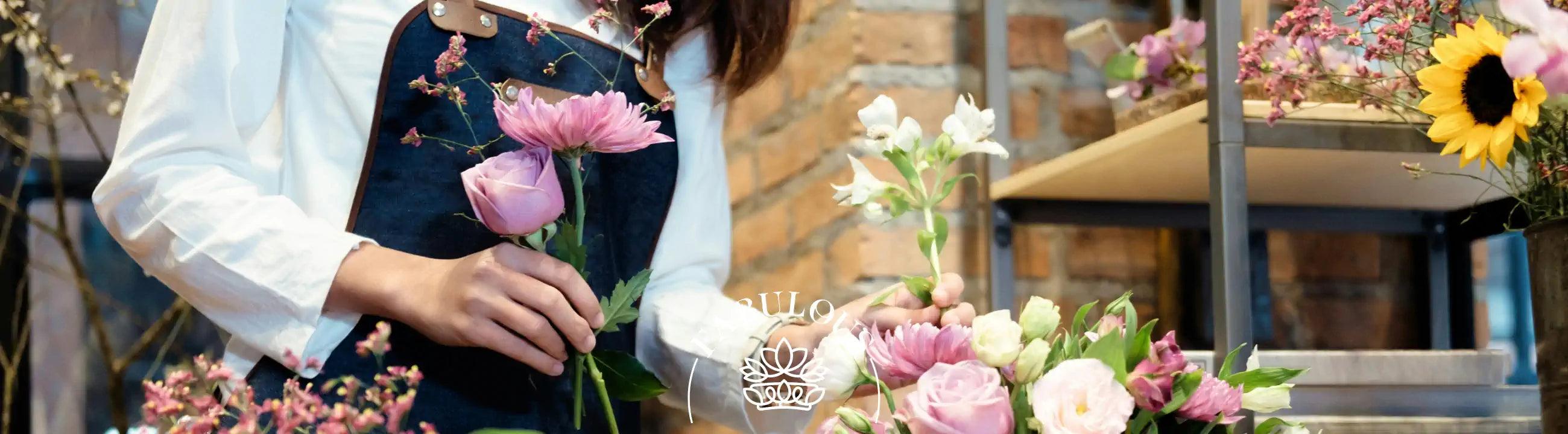 Florist arranging a variety of flowers including pink roses and chrysanthemums in a shop setting.