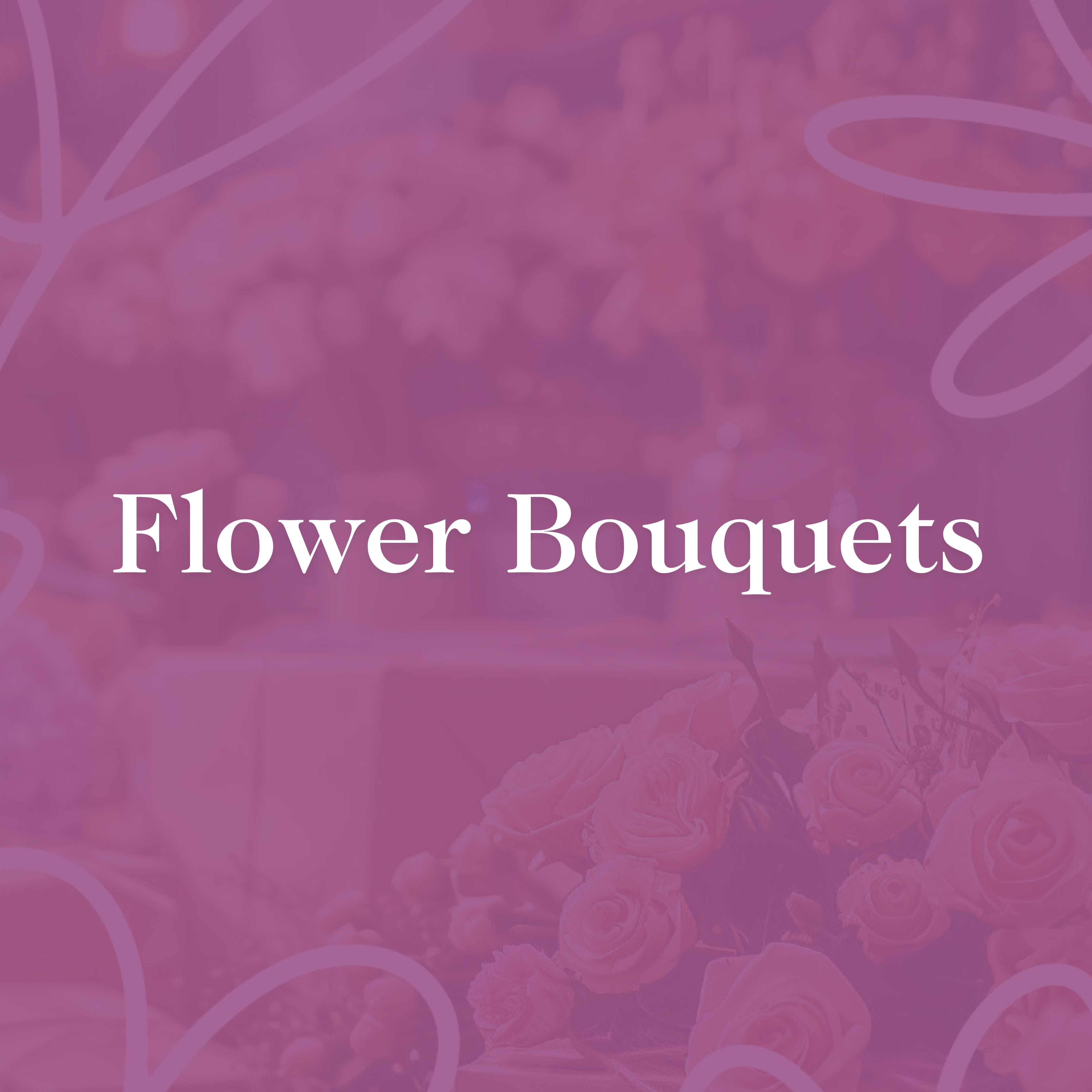 Flower Bouquets text over a background of soft pink flowers, showcasing a beautiful flower bouquet - Fabulous Flowers and Gifts