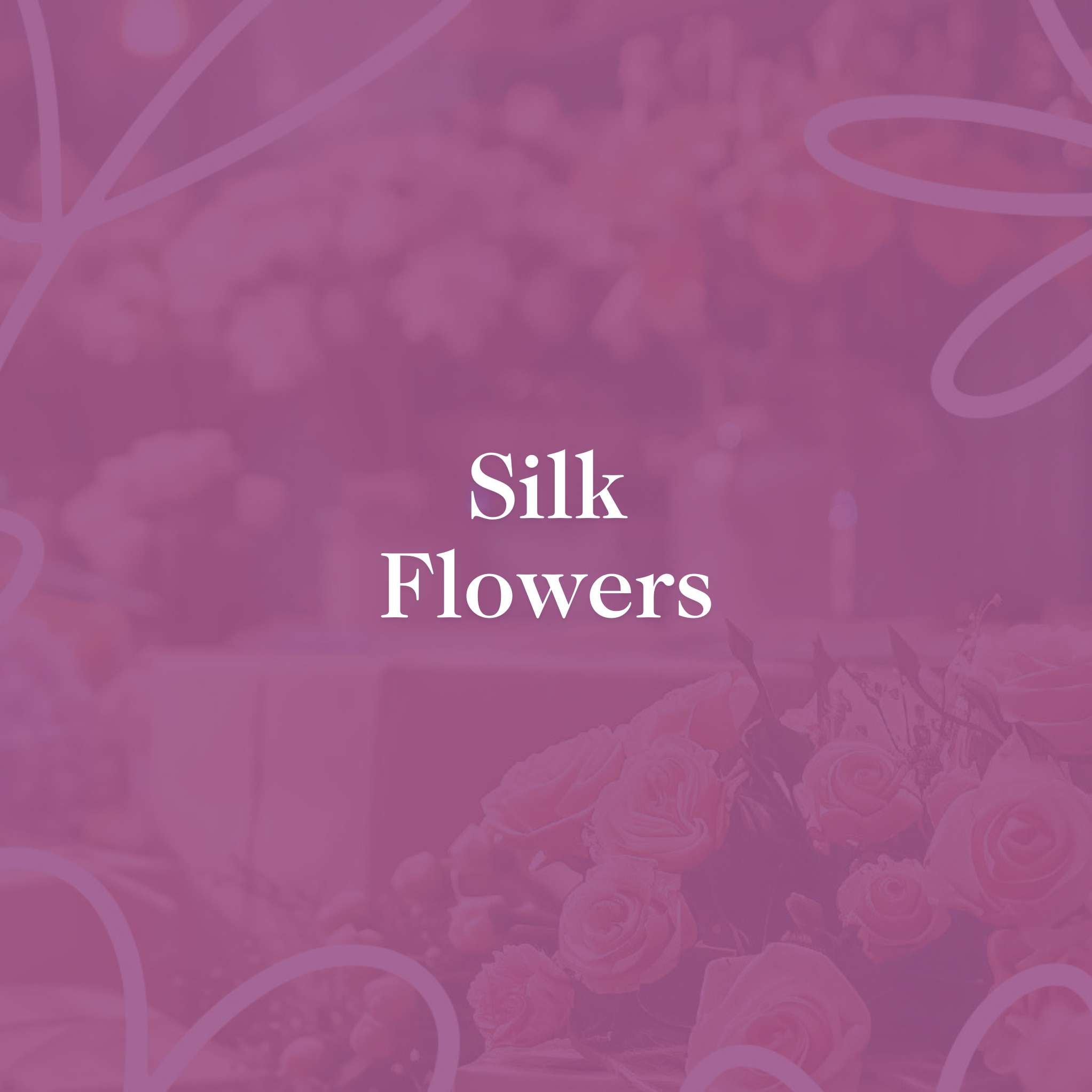 Silk Flowers text overlay on a pink floral-themed background, showcasing various delicate blooms in a soft, elegant display.