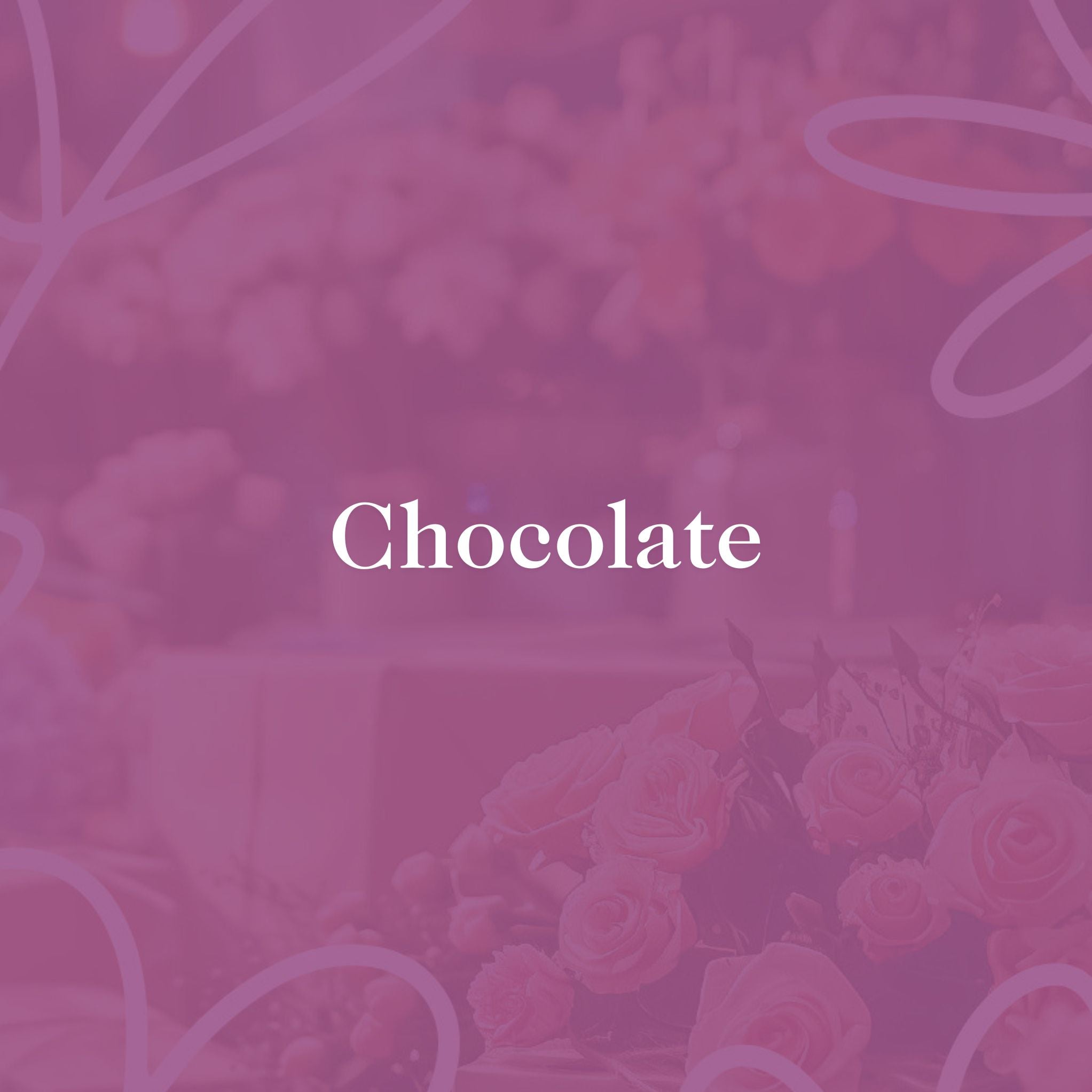 Chocolate banner with soft floral background and 'Chocolate' text, promoting premium chocolate gifts by Fabulous Flowers & Gifts.