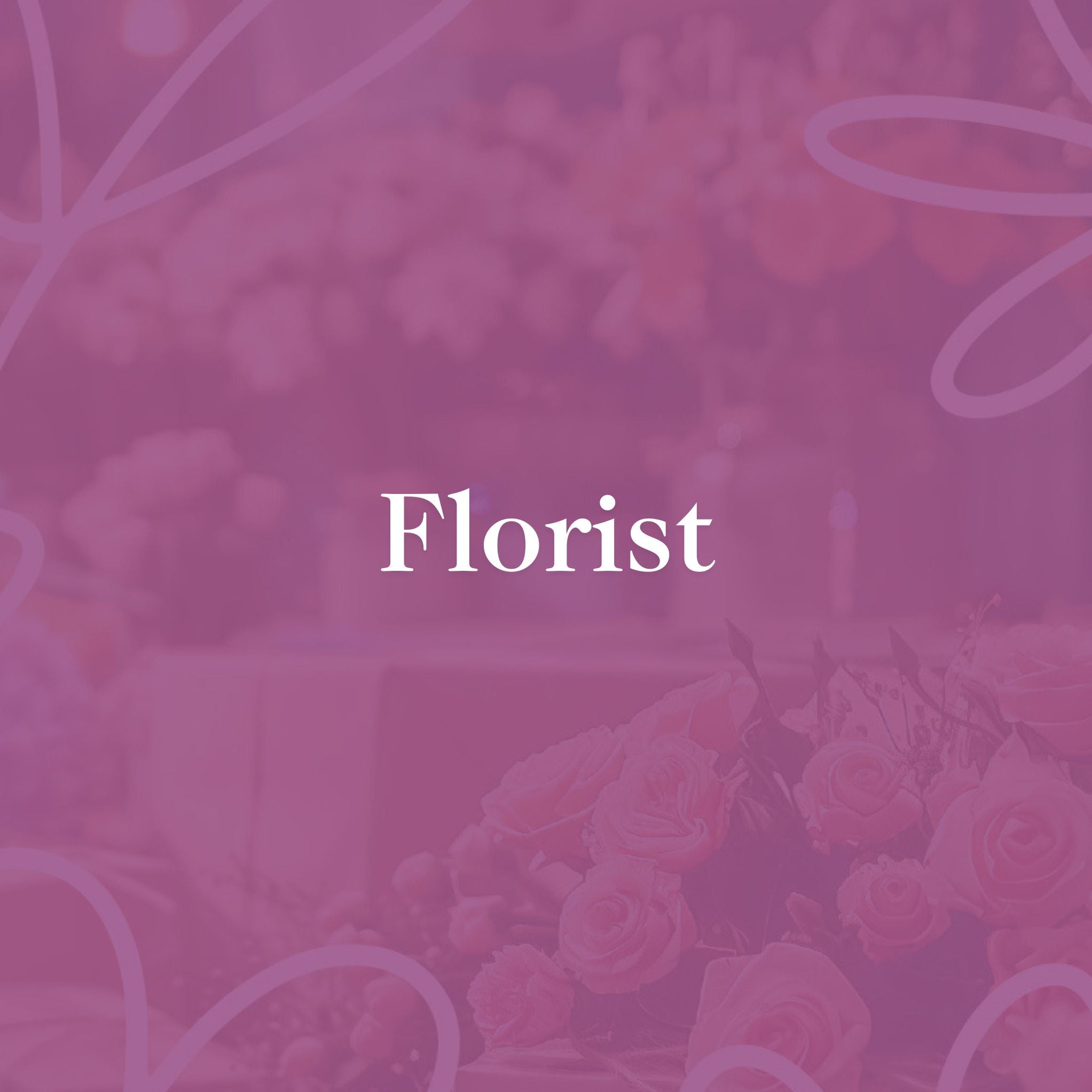 Pink-themed image with the word 'Florist' over a background of roses and floral arrangements.