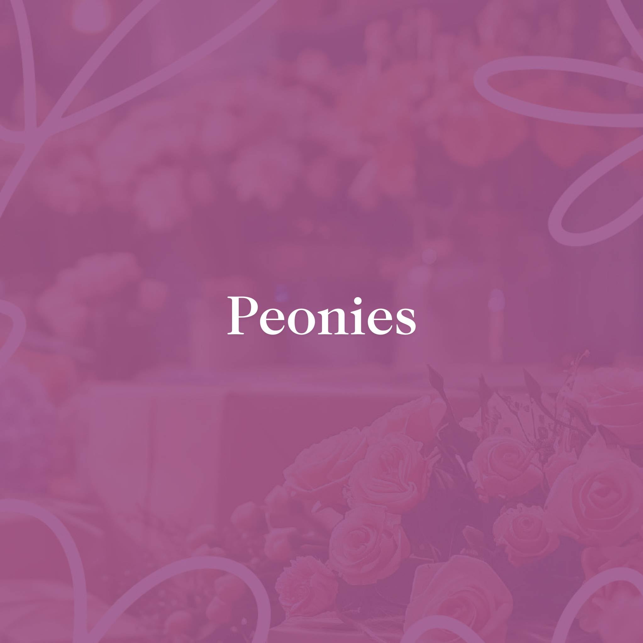 Peonies banner with a soft pink floral background, featuring the word 'Peonies' in white text for Fabulous Flowers and Gifts.