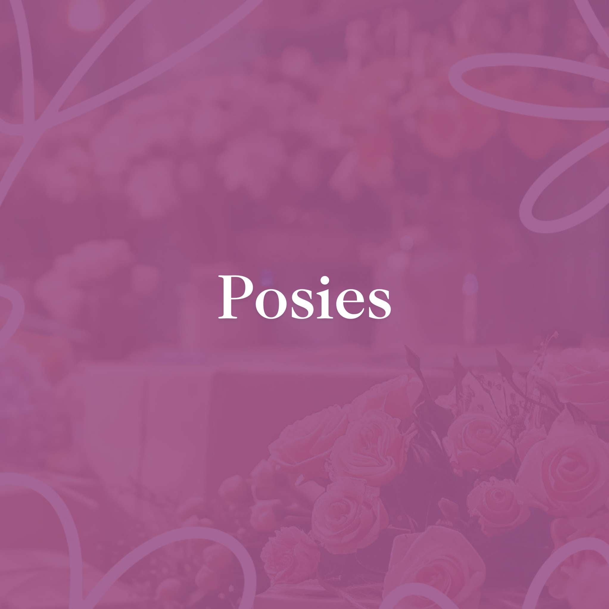 Posies - A soft, pink-toned image of roses with a blurred floral background, featuring the word 'Posies' in white text.