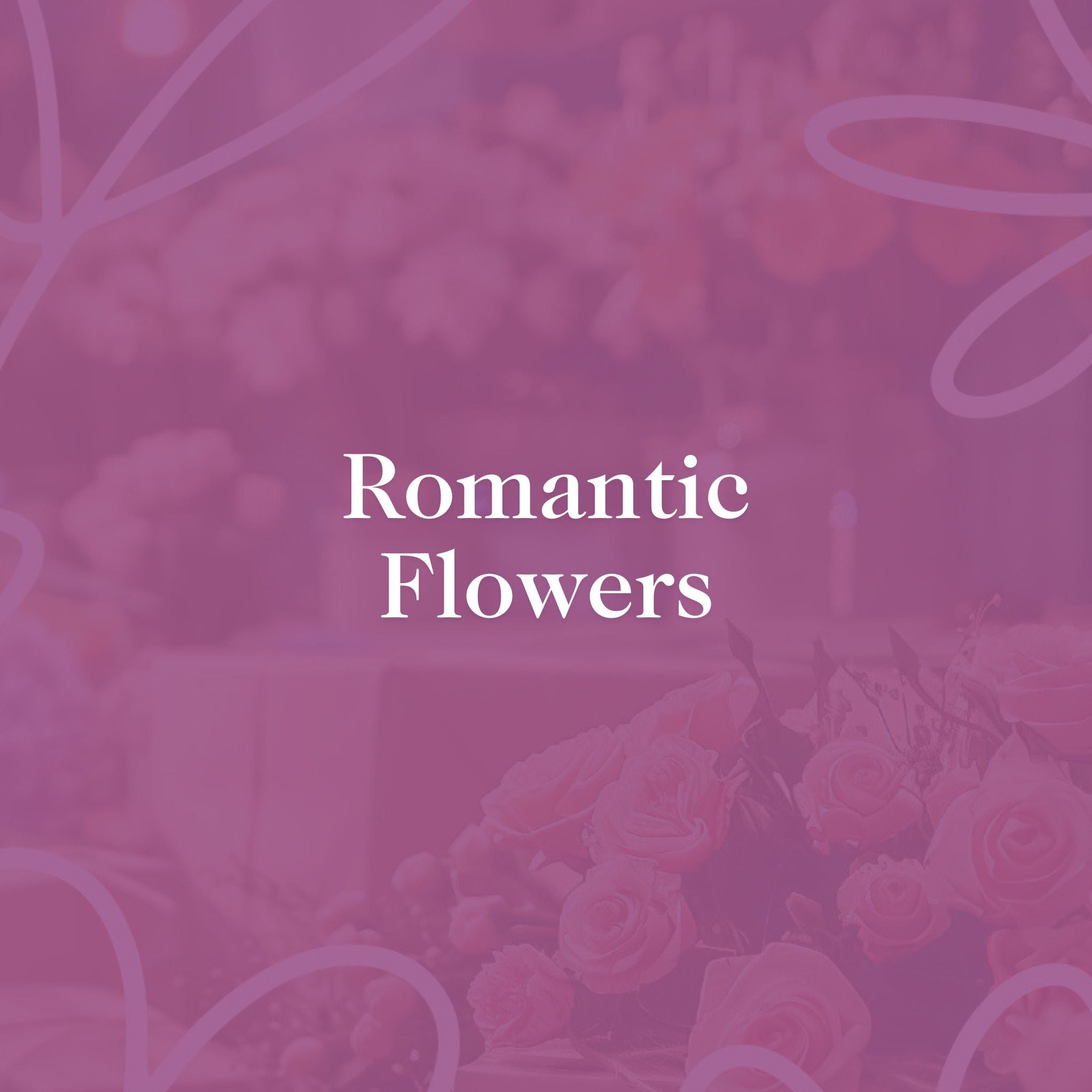 Romantic Flowers text overlay on a pink floral background, representing the romantic flower collection by Fabulous Flowers.