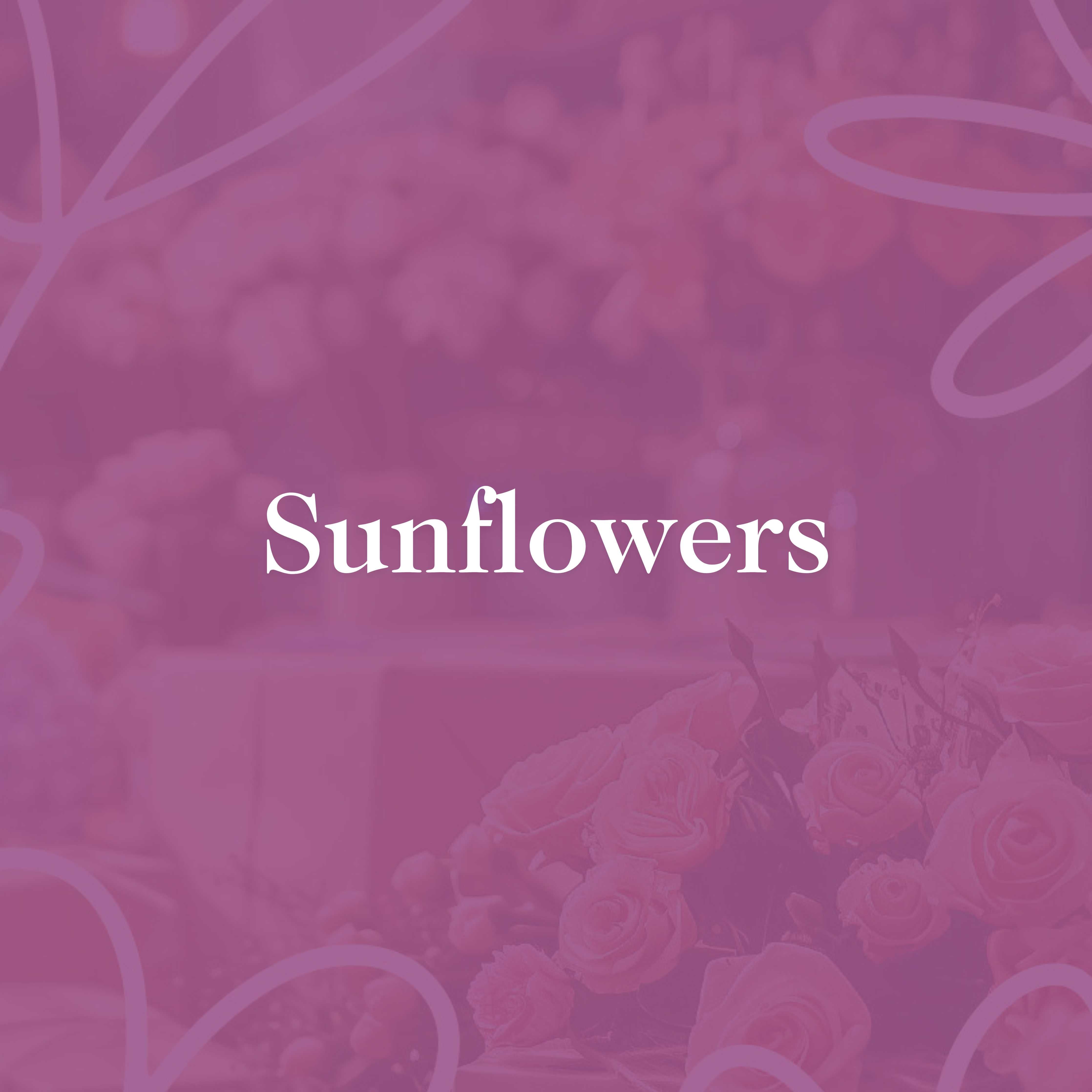 Square promotional image for 'Sunflowers' featuring a soft purple overlay with the shop's name in elegant white text, set against a blurred background of fresh roses.