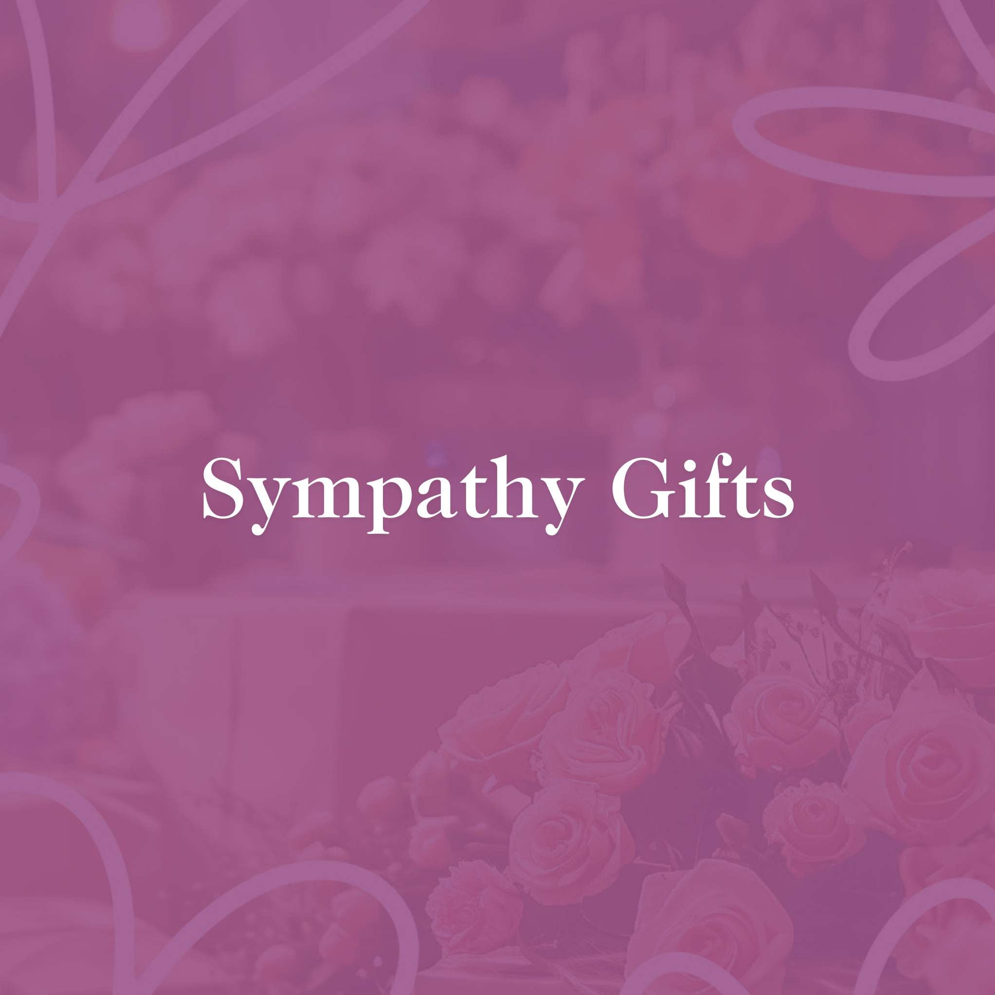 Sympathy Gifts by Fabulous Flowers and Gifts with a soft, comforting background of roses and a gentle purple overlay.