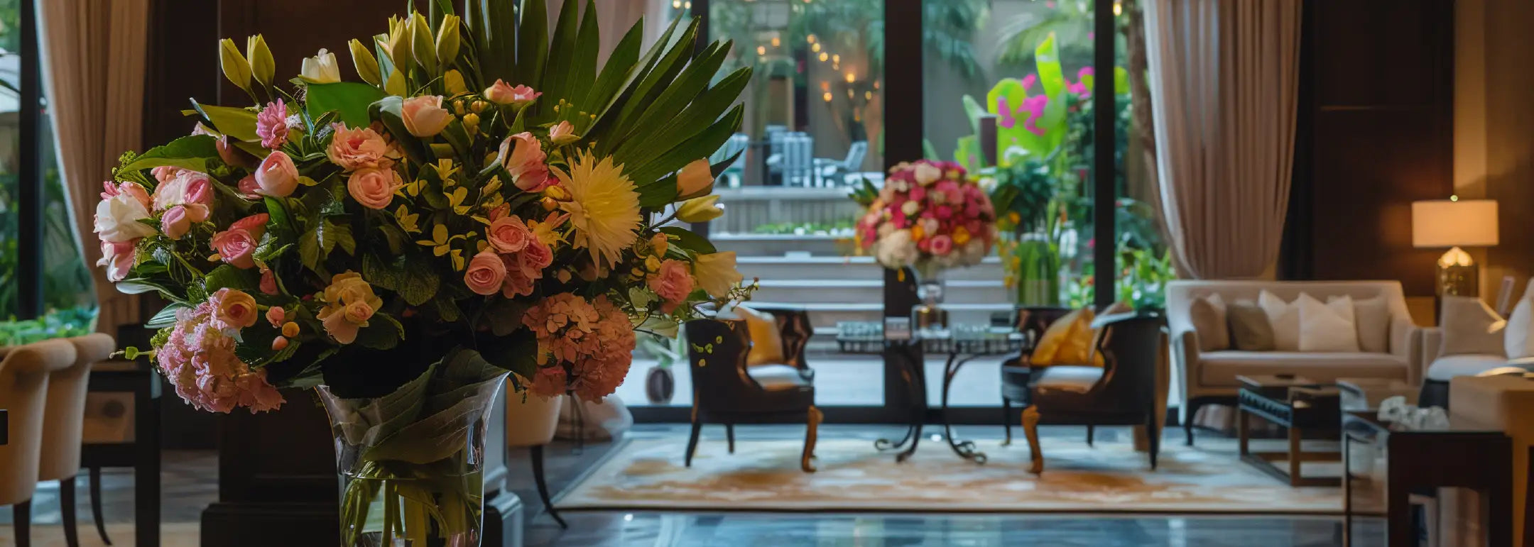 Luxurious living space with elegant floral arrangements and modern decor. Turn your space into something fabulous. Fabulous Flowers and Gifts. Airbnb, Guest House and Hotel.