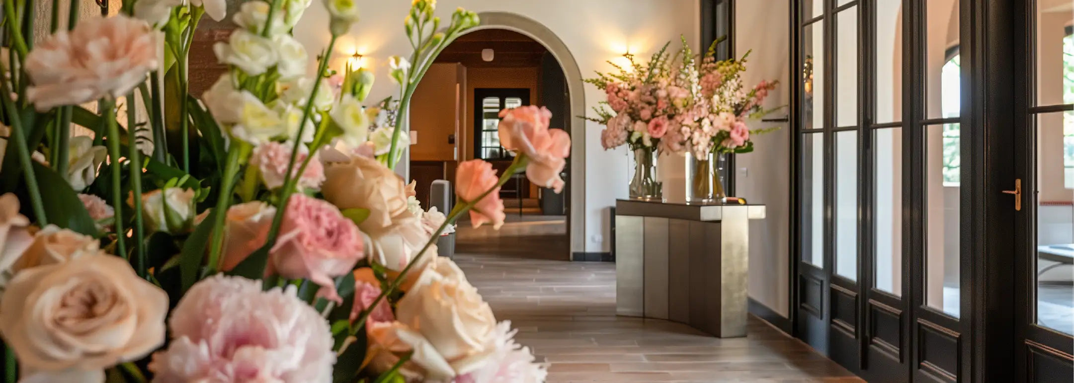 Elegant hallway with floral arrangements and a call to action to contact for service. Elevate your guest experience. Fabulous Flowers and Gifts. Airbnb, Guest House and Hotel.