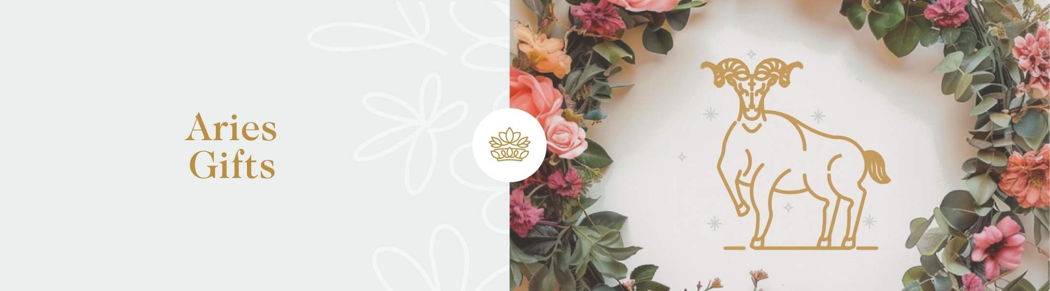 Elegant Aries gifts banner featuring a golden Aries symbol surrounded by a floral wreath, perfect for zodiac-themed presents.