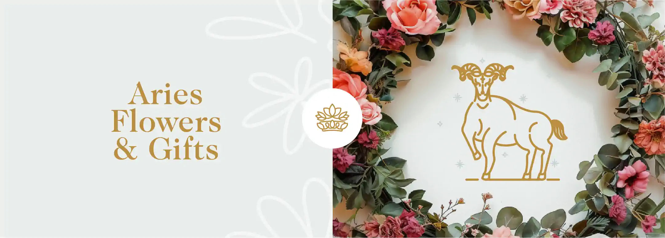 Aries Flowers and Gifts: Beautiful Floral Wreath Surrounding an Aries Zodiac Symbol, Ideal for Aries Birthdays and Celebrations. Fabulous Flowers and Gifts.