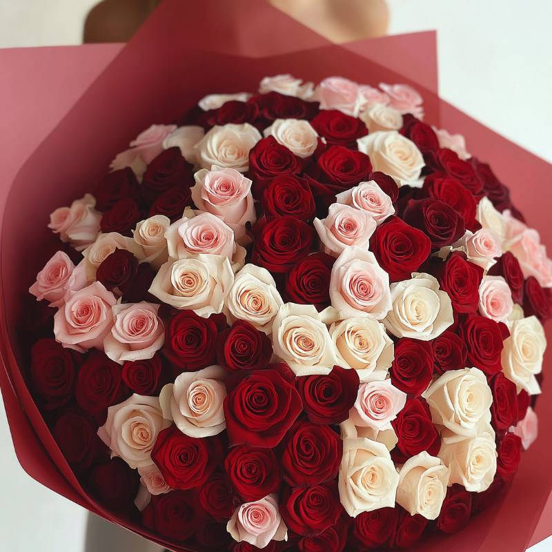 Between Heartbeats luxury bouquet showcasing 250 red and blush roses in spiral arrangement, wrapped in deep burgundy paper.