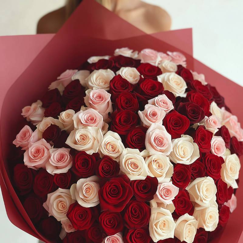 Close-up view of Between Heartbeats bouquet highlighting the contrast between red and blush roses in professional arrangement.