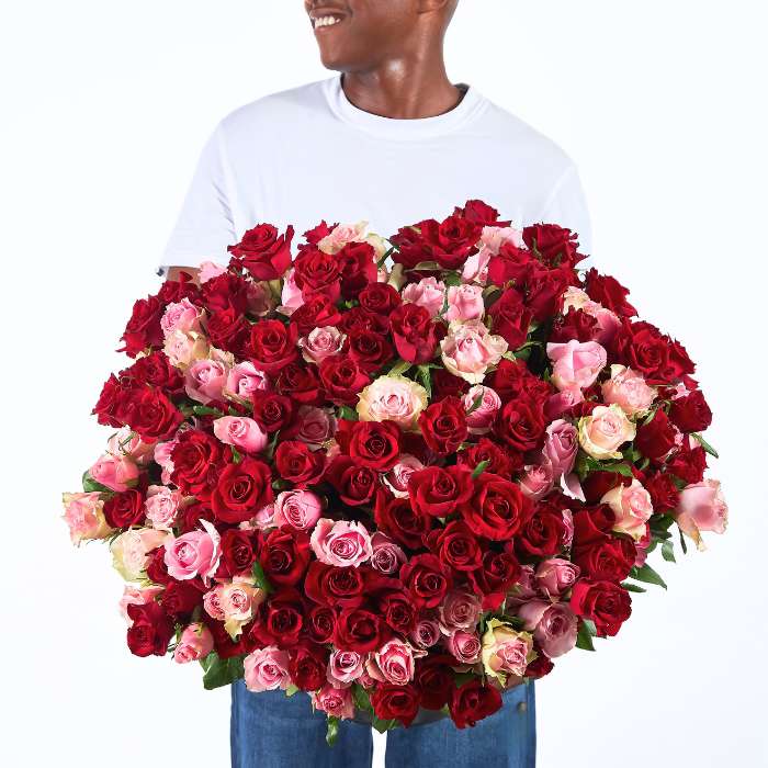 Man smiling behind a large bouquet of deep red and pink roses, named 'Between Heartbeats'.