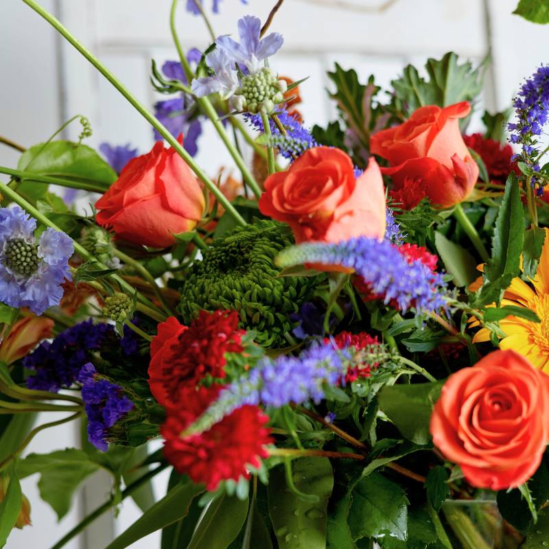 Detailed view of floral arrangement with roses, gerberas, and purple accents on a white background.