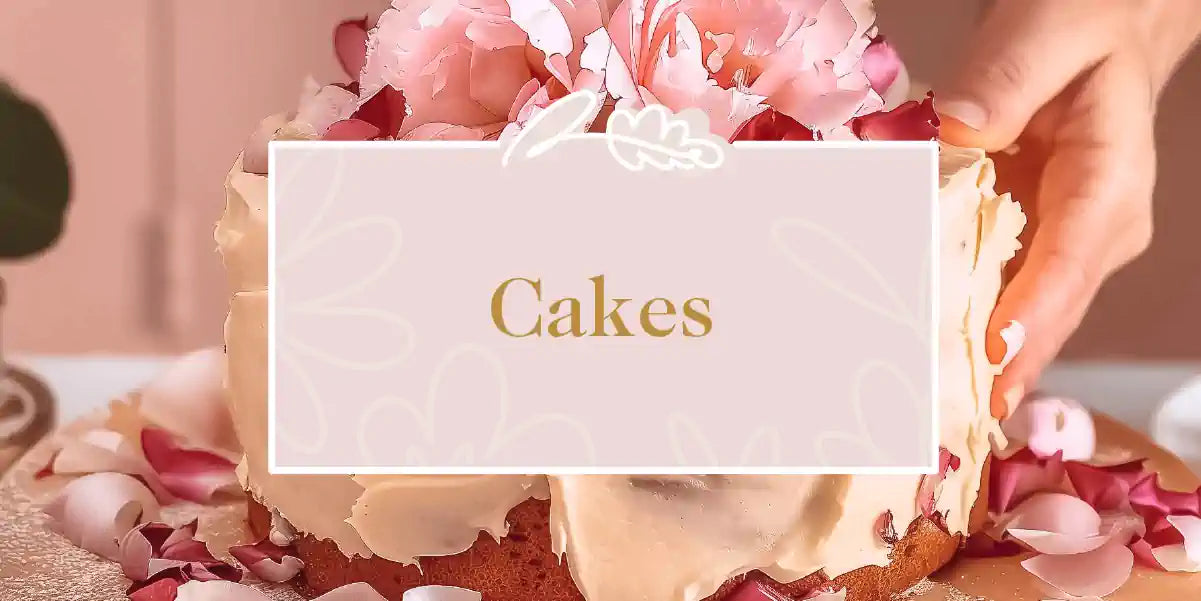 A beautifully decorated cake adorned with pink flowers and petals, being carefully placed on a table. Cakes Collection. Fabulous Flowers and Gifts.