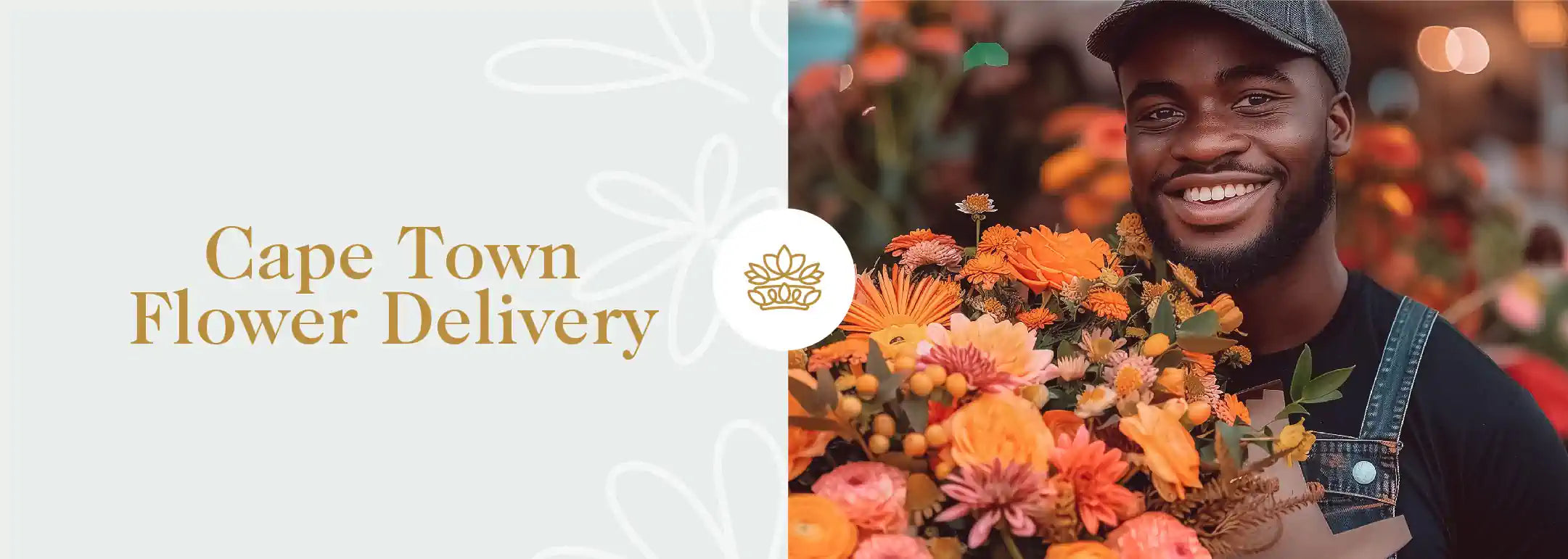 Cheerful delivery person in Cape Town holding a vibrant orange floral bouquet, ready to spread joy with Fabulous Flowers and Gifts.