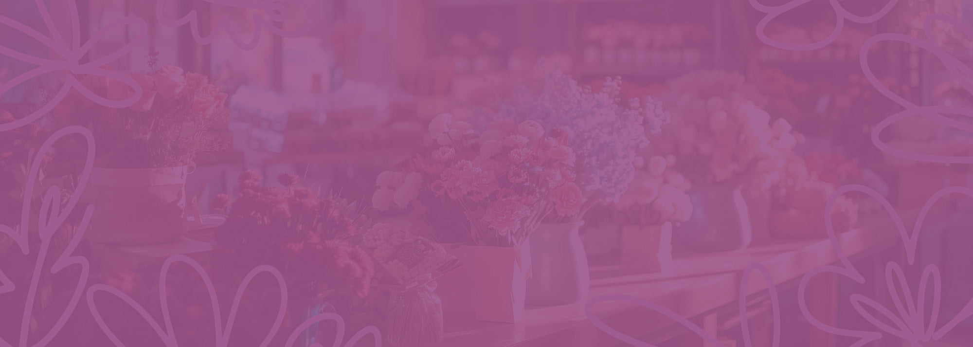 A monochrome purple overlay of a flower shop interior, with an abundance of floral arrangements and bouquets creating a feast for the senses - Fabulous Flowers and Gifts.