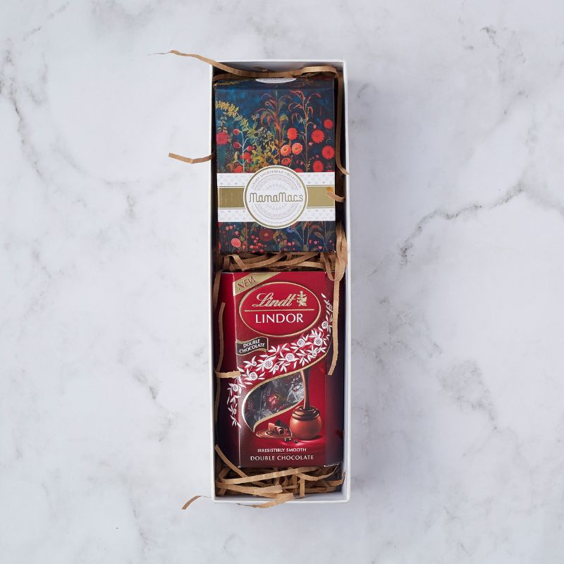 Elegant gift box featuring MamaMacs luxury shortbread and Lindt Lindor double chocolate truffles.