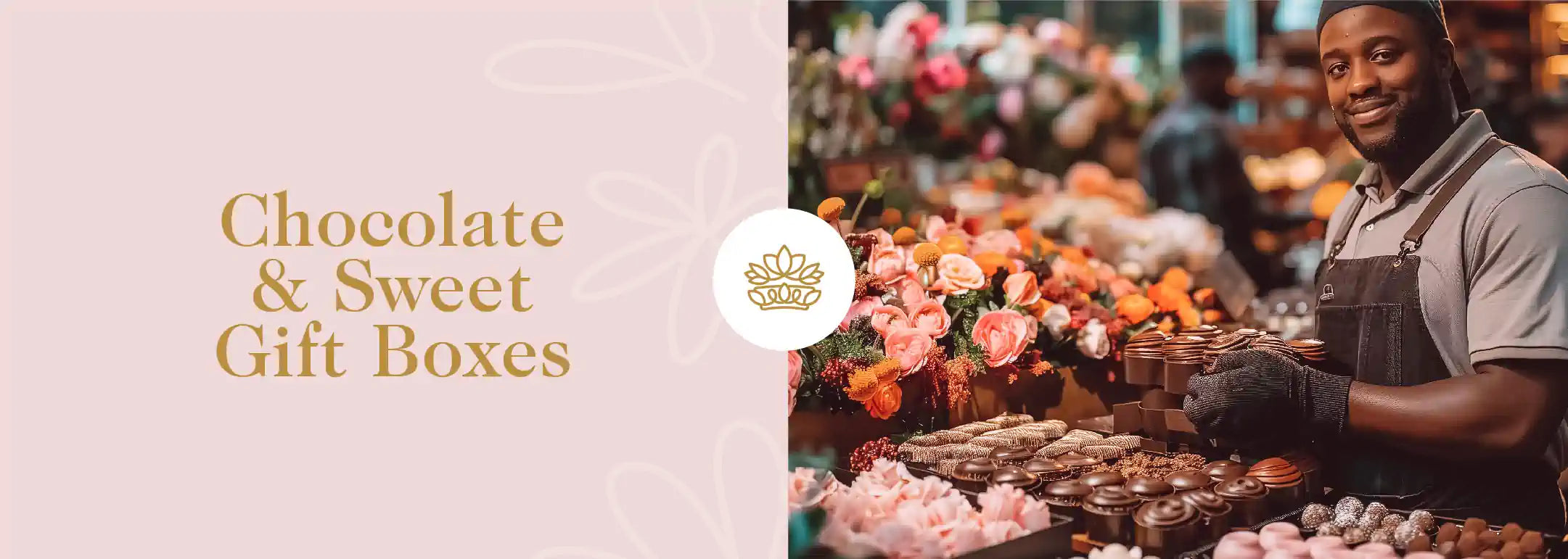 Artisanal chocolatier thoughtfully curating chocolate and sweet gift boxes amongst vibrant flowers, signifying indulgence and care from Fabulous Flowers and Gifts.