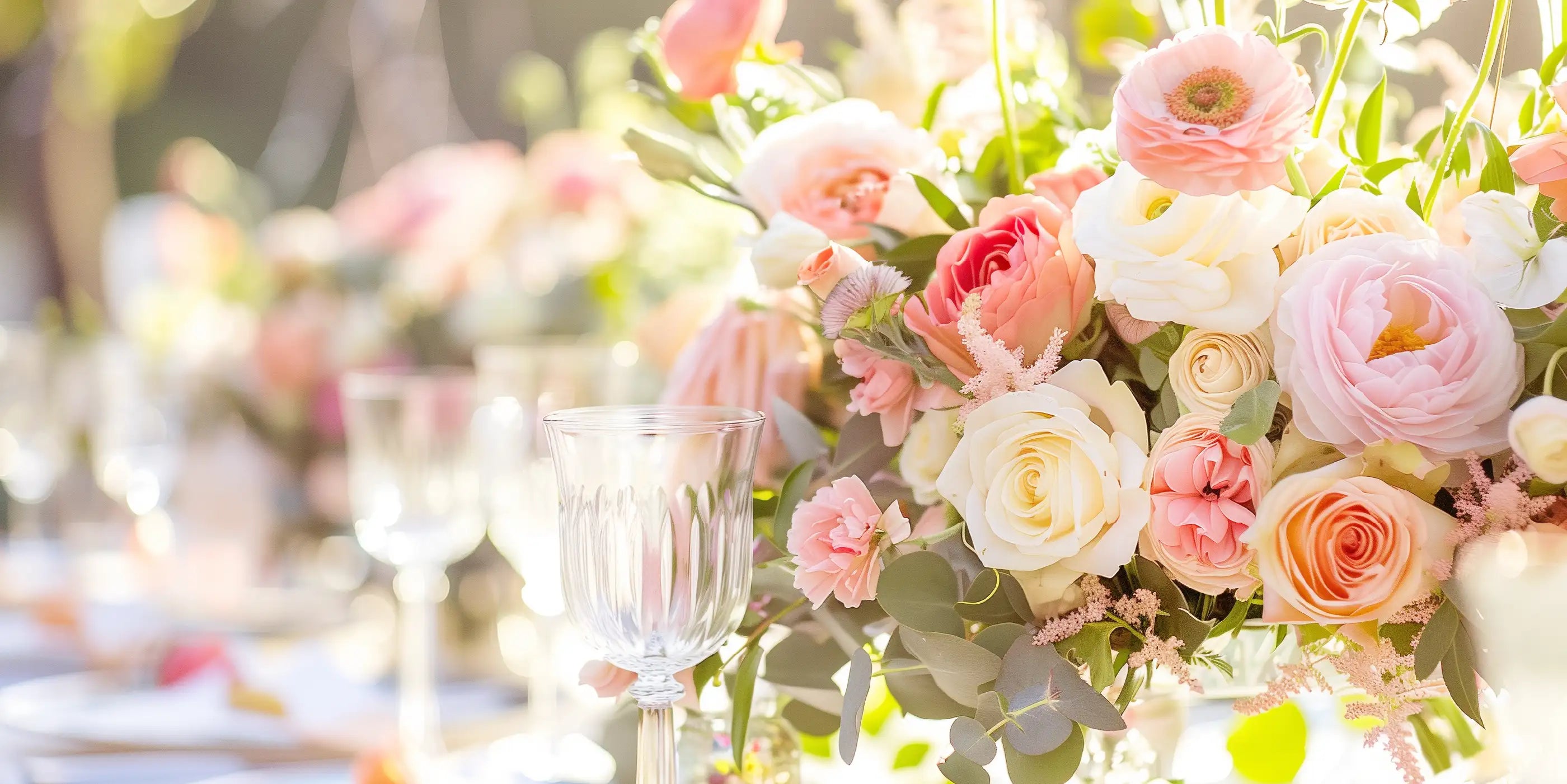Close-up of an elegant floral arrangement featuring pink, peach, and white roses, perfect for enhancing any event. Fabulous Flowers and Gifts."