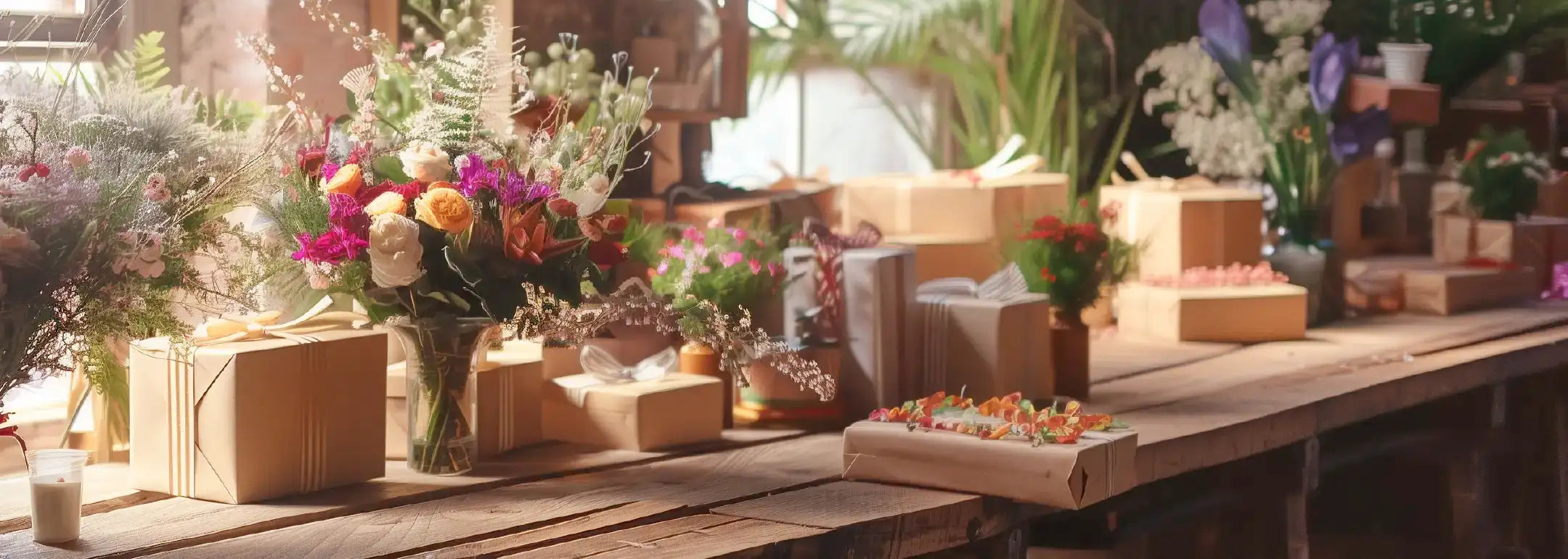 A beautifully arranged display of corporate gifting options featuring vibrant flower bouquets, neatly wrapped gift boxes, and greenery, set on a wooden table in a warmly lit room. Fabulous Flowers and Gifts.
