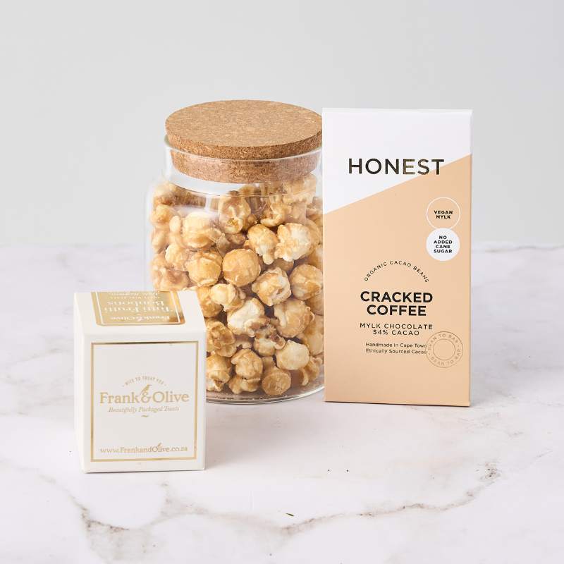 Cracked Coffee Popcorn Delight gift set with gourmet caramel popcorn, vegan mylk chocolate, and luxurious Frank & Olive treats.