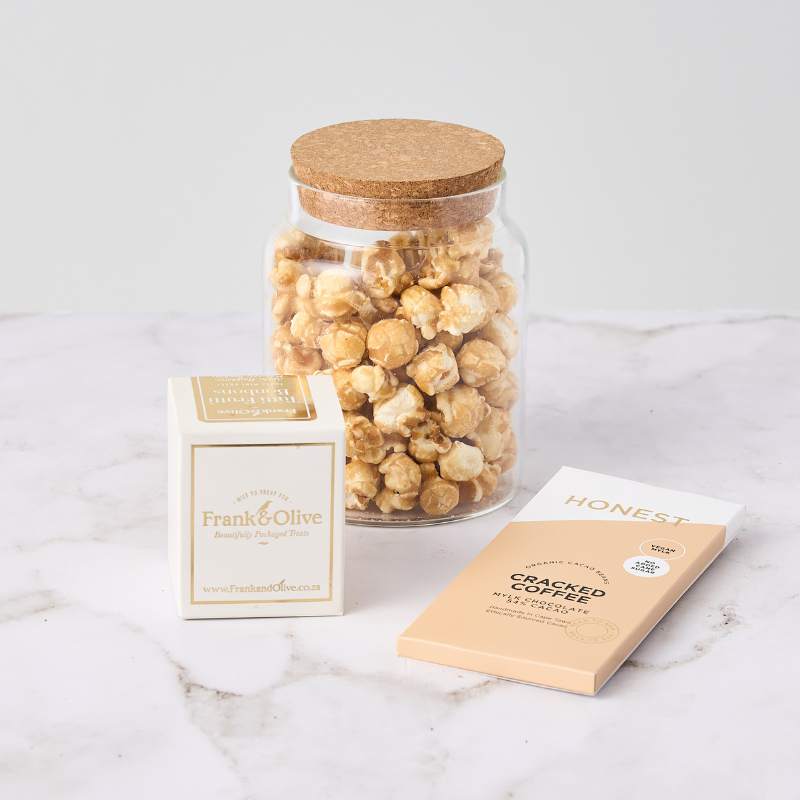 Cracked Coffee Popcorn Delight featuring caramel popcorn jar, coffee-flavoured mylk chocolate, and Frank & Olive confections.