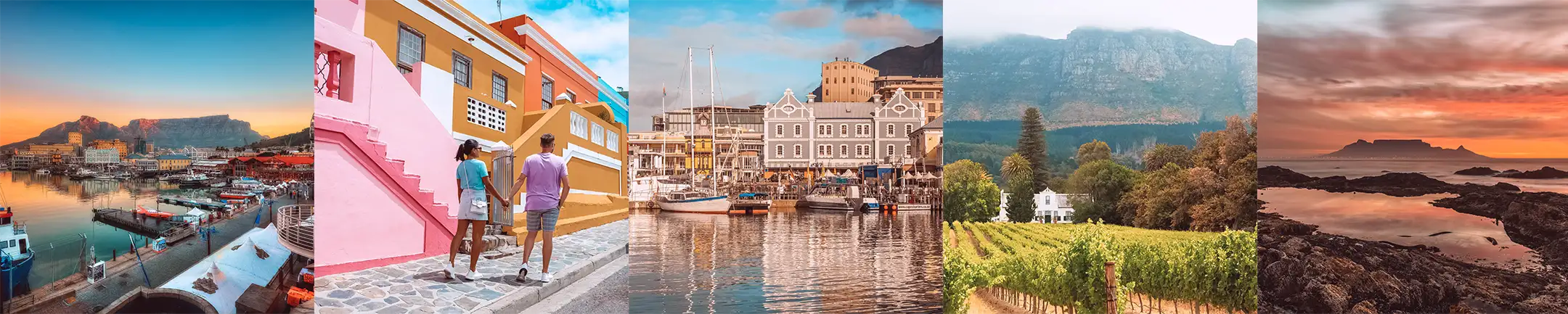 Five scenes: harbour at sunset with Table Mountain, colourful houses in Bo-Kaap, waterfront with boats and historic buildings, vineyard with mountains, and rocky shore at sunrise. Fabulous Flowers and Gifts. Cape Town.