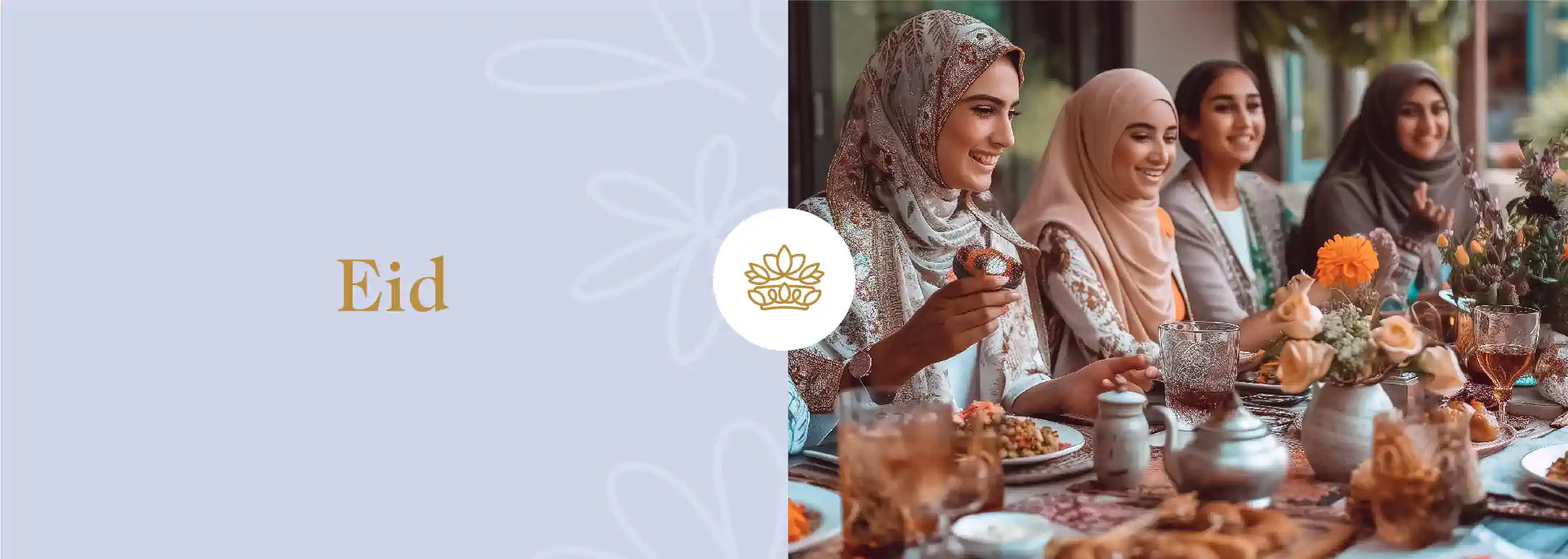 A joyous group of women sharing a festive meal decorated with flowers during Eid. Fabulous Flowers and Gifts - Eid