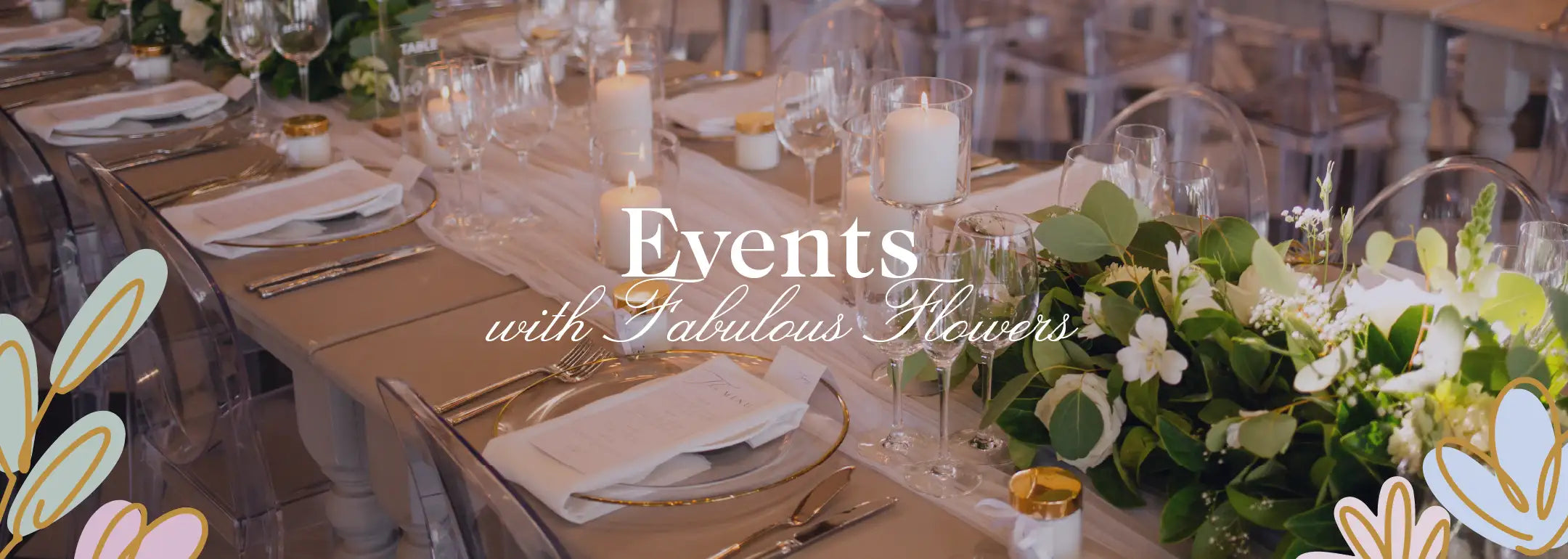 Elegant event table setting with floral centrepieces, candles, and glassware, creating a sophisticated atmosphere for special occasions. Fabulous Flowers and Gifts.
