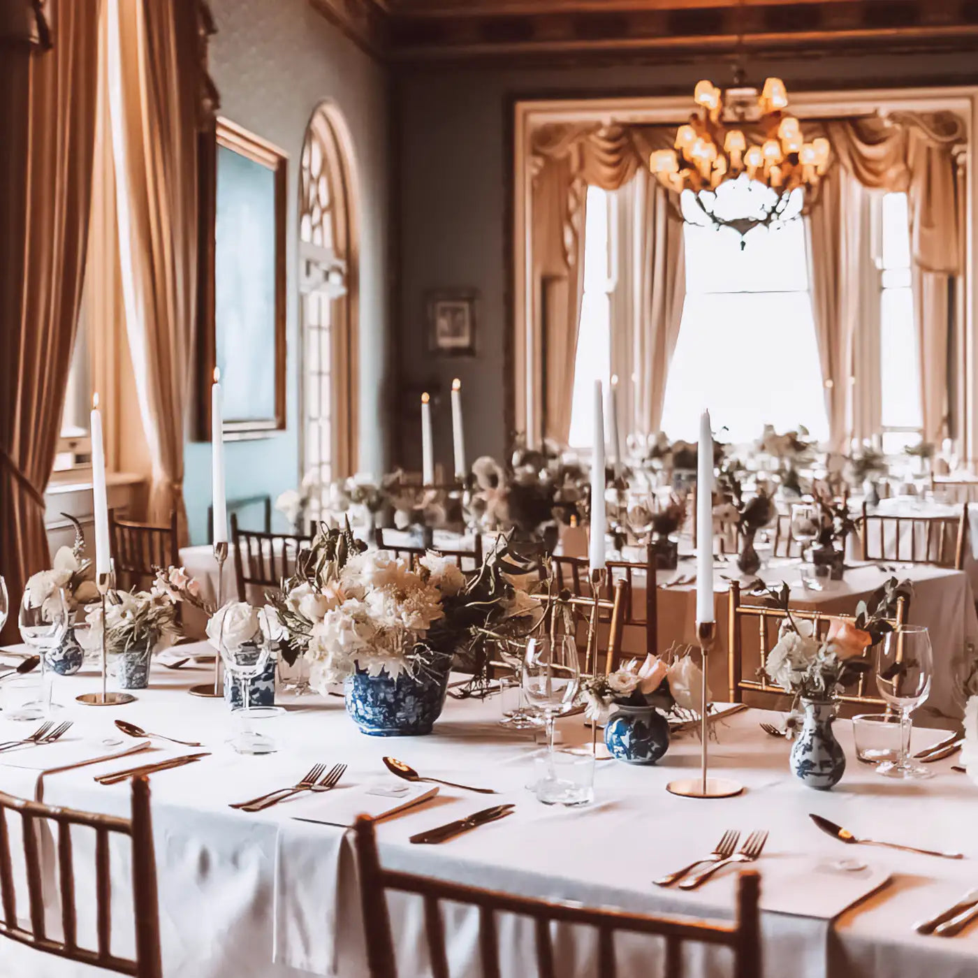Elegant event setup in a grand hall with long tables draped in white linen, adorned with blue and white floral centrepieces and tall candlesticks, surrounded by golden chairs under ornate chandeliers. Fabulous Flowers and Gifts.