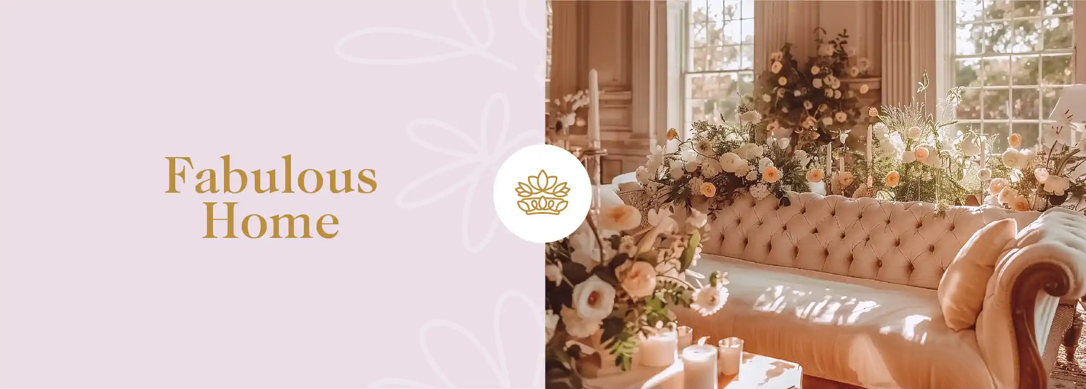 Elegant home interior bathed in warm sunlight, with a chic Chesterfield sofa and a lavish arrangement of white and peach flowers, creating a serene and stylish living space, presented by Fabulous Flowers and Gifts.