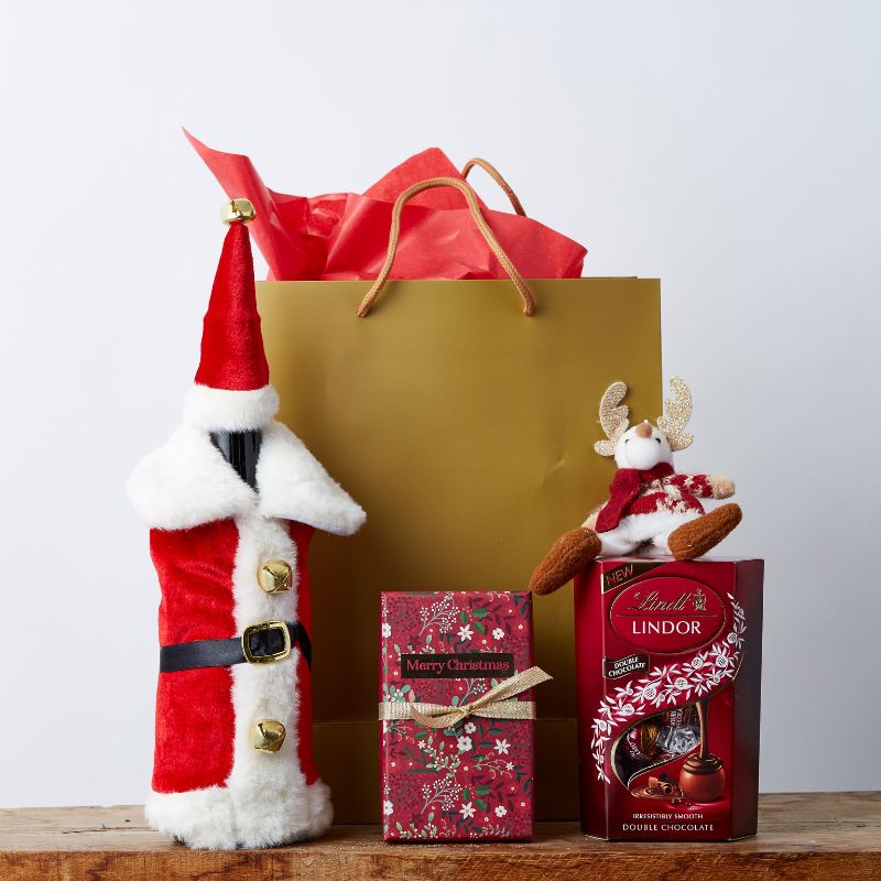 Fancy Festive Christmas Hamper featuring a Santa-themed bottle cover, Lindt chocolate tin, Merry Christmas gift box, reindeer plush, and gold gift bag with red tissue paper.