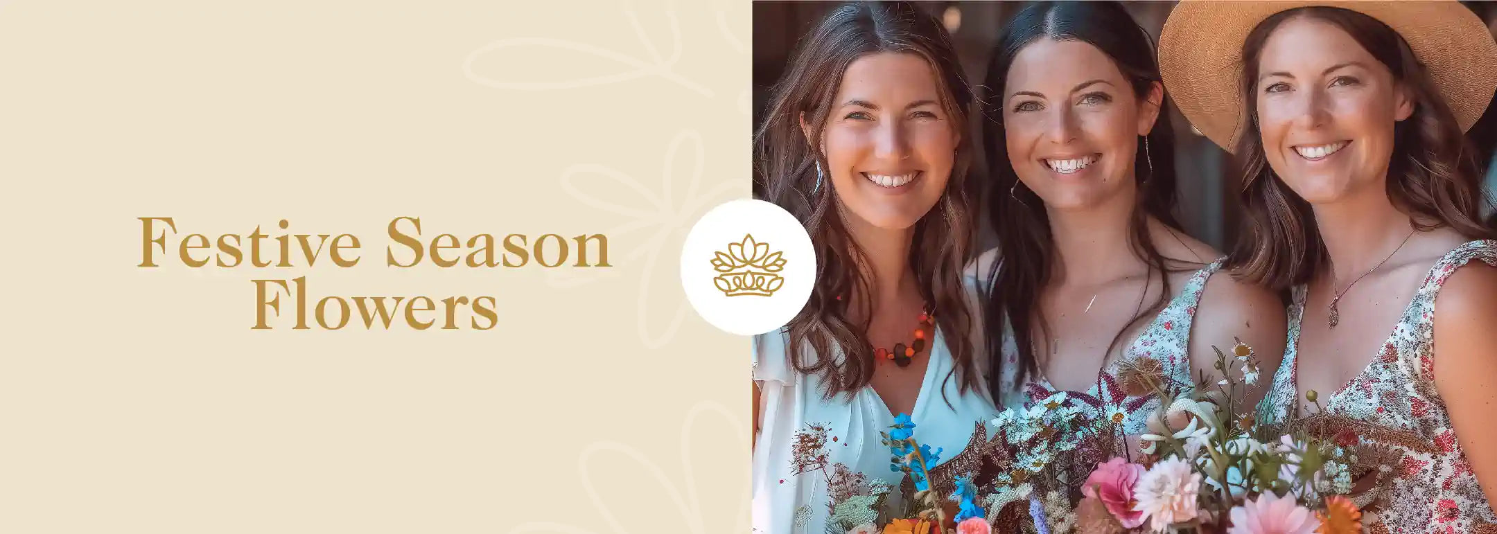 Three cheerful women holding a vibrant assortment of festive season flowers, dressed in summer outfits and smiling warmly. The image highlights the Festive Season Flowers Collection, showcasing a heartfelt and personal delivery approach. Fabulous Flowers and Gifts.