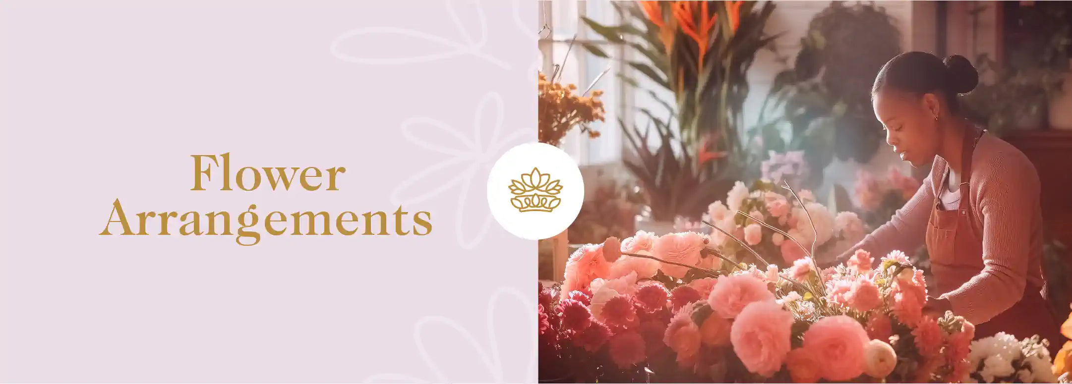 A focused florist intricately arranges a beautiful selection of pink blooms, creating a stunning floral display in a warmly lit setting, beneath the banner 'Flower Arrangements' with a flower crown emblem - Fabulous Flowers and Gifts.