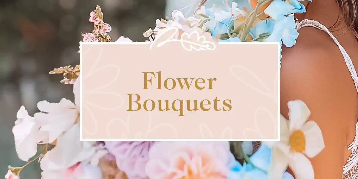 Flower Bouquets Collection: A vibrant assortment of freshly picked flowers in soft pink, blue, and white hues, artfully arranged into a bouquet. Fabulous Flowers and Gifts.