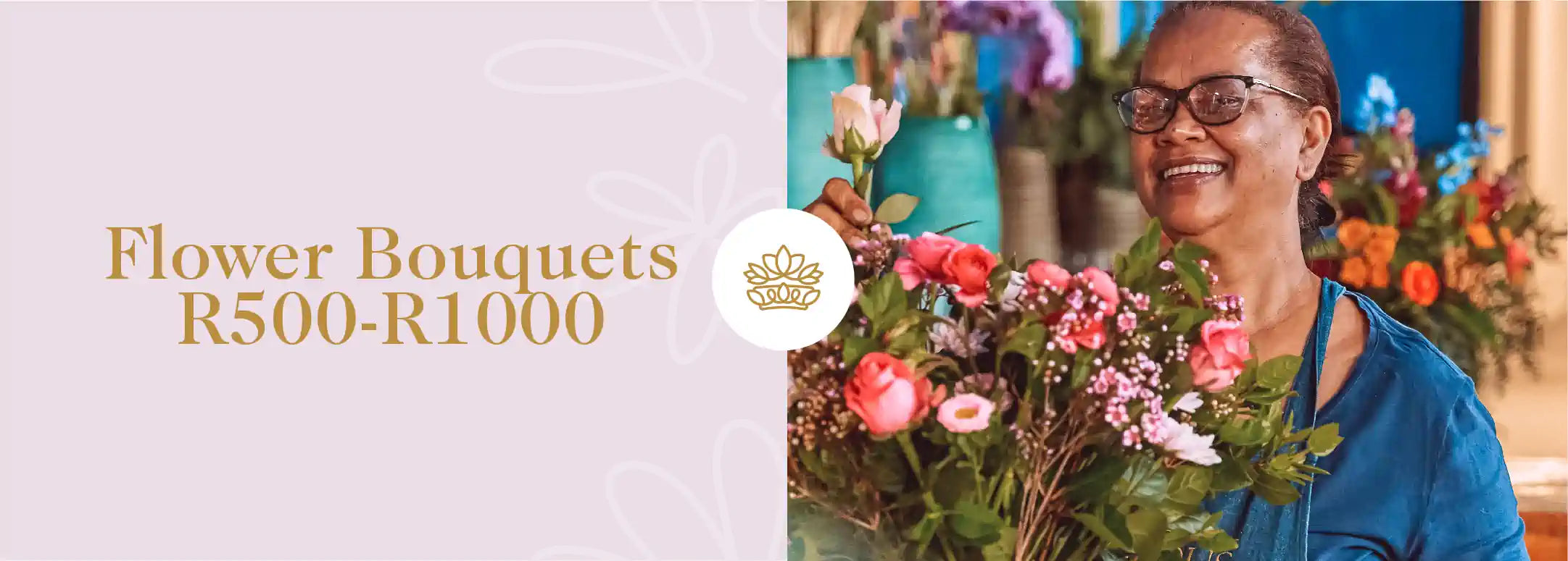 A joyful woman with glasses arranges a vibrant assortment of flower bouquets in a shop, displaying roses and other colorful flowers. Prices range from R500 to R1000, reflecting the collection's diversity and affordability. Fabulous Flowers and Gifts.