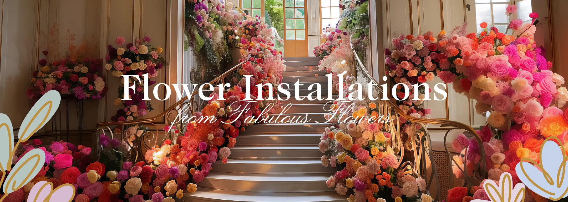 Opulent staircase adorned with vibrant flower installations featuring pink, orange, and purple blooms. Fabulous Flowers and Gifts.