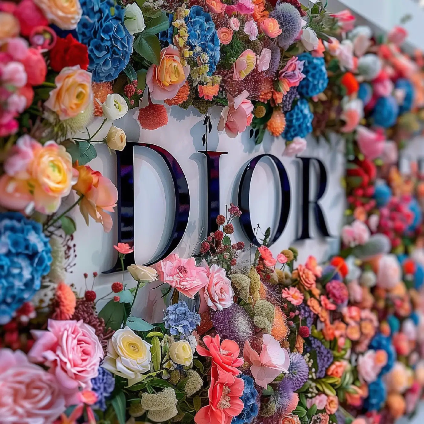 Luxurious flower installation featuring a variety of colourful blooms surrounding a 'DIOR' sign, showcasing intricate floral artistry. Fabulous Flowers and Gifts.