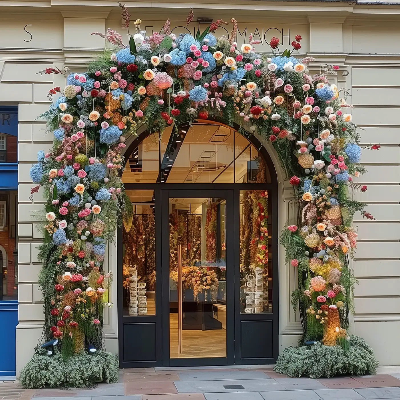 Beautiful floral arch installation with colourful blooms adorning a shop entrance. Enhance your space with Fabulous Flowers and Gifts. Flower Installations.