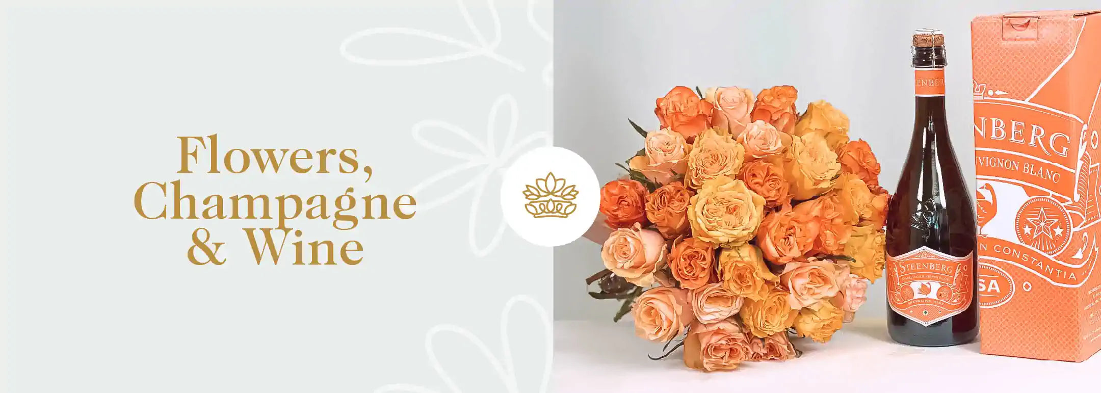 A sumptuous cluster of peach-toned roses poised beside a bottle of Steenberg Sauvignon Blanc, complemented by an elegant box, set against a pale backdrop with 'Flowers, Champagne & Wine' text and a flower crown emblem - Fabulous Flowers and Gifts.