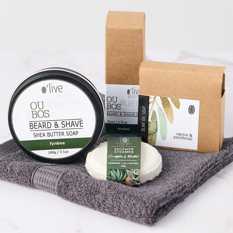 For Him Pamper Box with shea butter soap, beard oil, and olive oil soap, perfect for a refreshing and soothing treat.