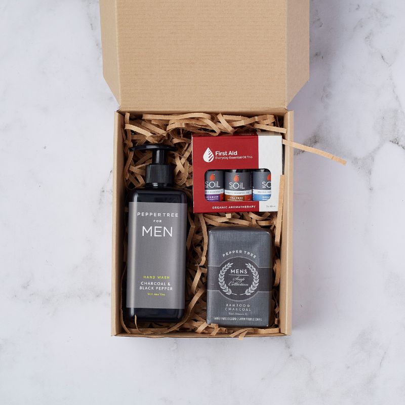 Peppertree for Men charcoal hand wash, bamboo charcoal soap, and SOiL essential oil trio in a gift box