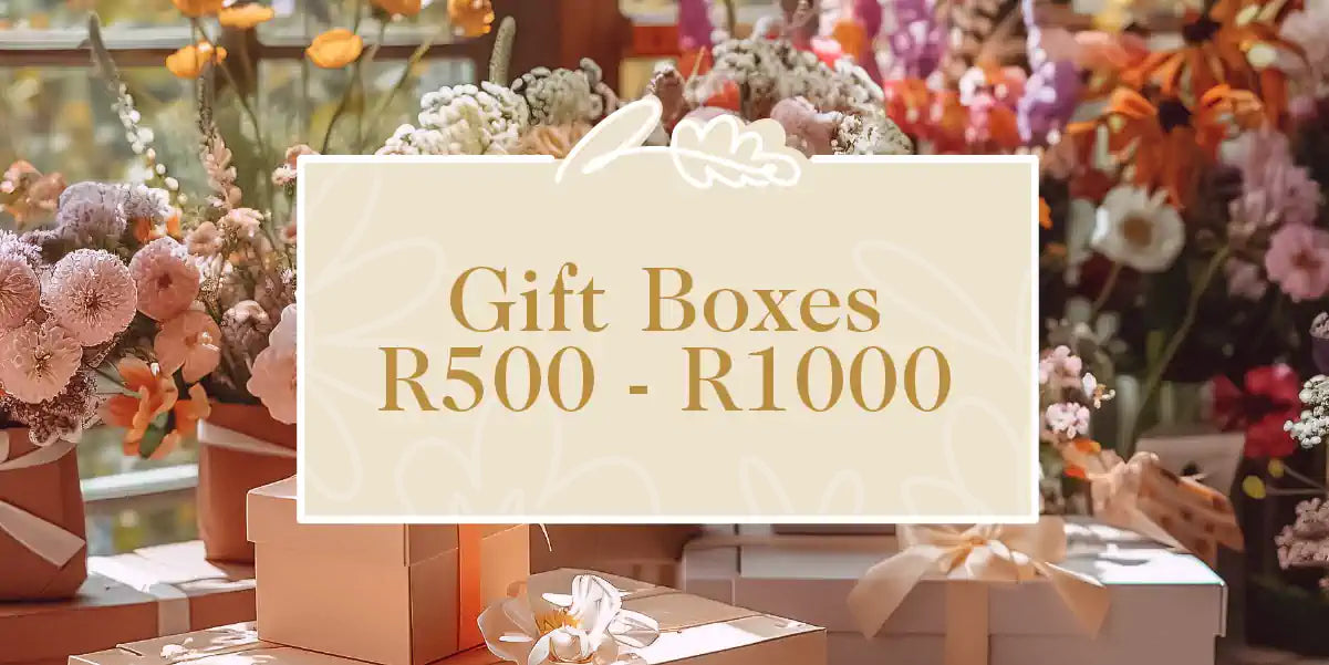 Luxuriously wrapped gift boxes placed amidst a display of beautiful, fresh flowers, showcasing their appeal. Fabulous Flowers and Gifts - Gift Boxes R500 - R1000