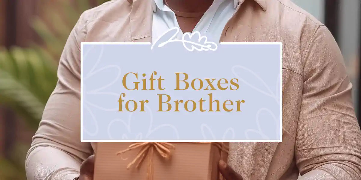 A man in a smart casual outfit holding a neatly wrapped gift box. Fabulous Flowers and Gifts - Gift Boxes for Brother
