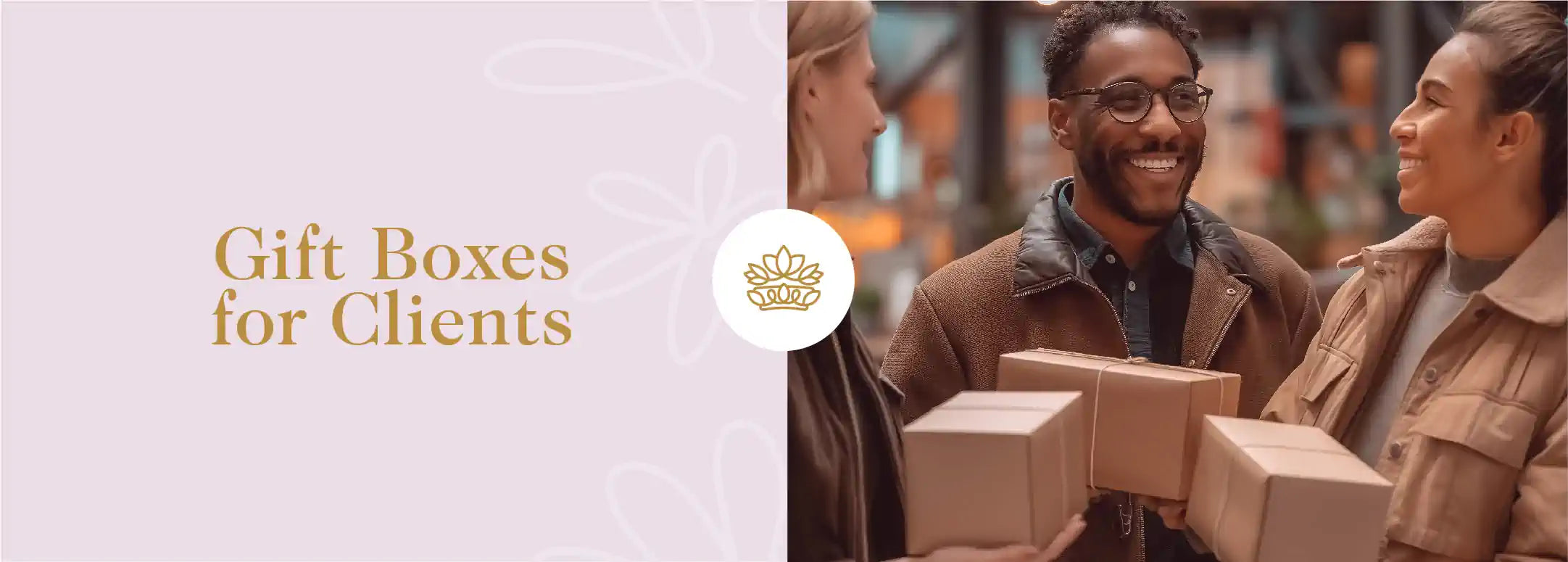 Three professionals exchanging gift boxes, smiling and engaging in conversation, embodying a sense of appreciation and connection. Part of the Client Gifts Collection at Fabulous Flowers and Gifts.